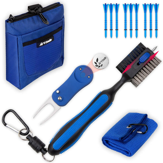Arttodo Golf Accessories Kit 13 in 1, includes a towel, divot tool, ball marker, golf tee, storage bag and cleaning brush. Golf gifts for him.